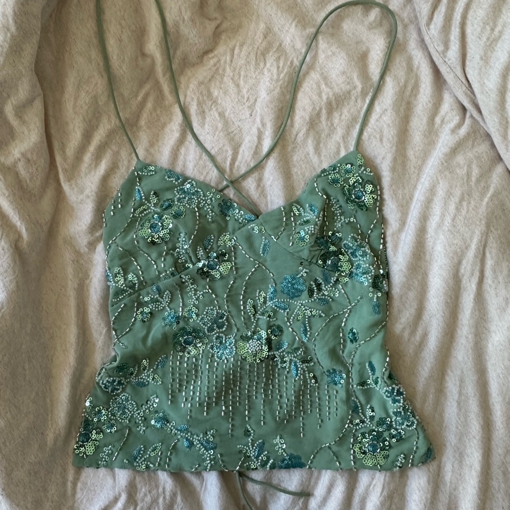SOLD - Sequin Beaded Backless Top in Seafoam Green